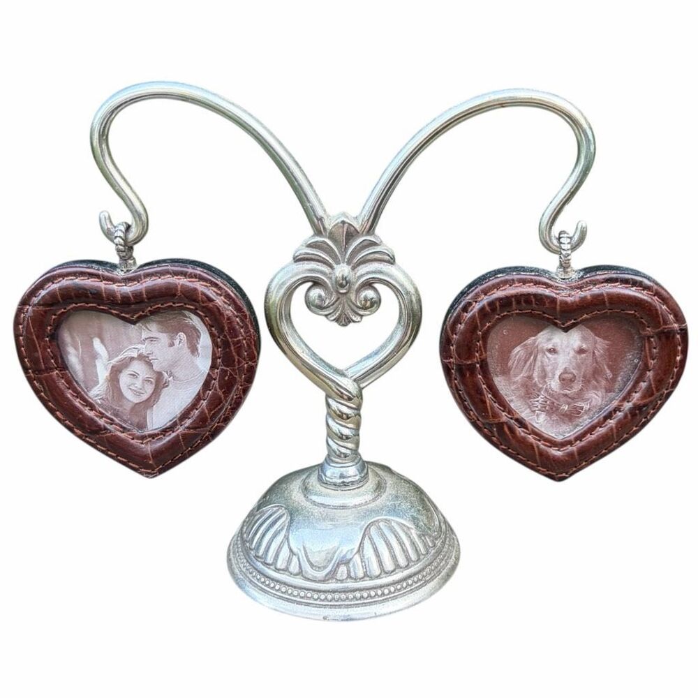 Brighton Brown Leather Croc Heart Picture Frames w/Silver Heart Stand